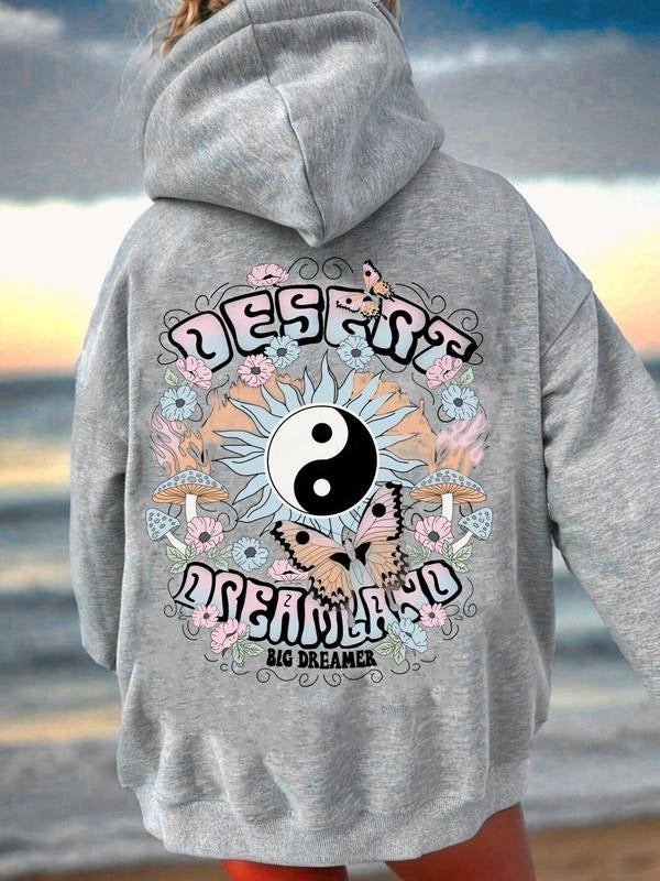 Women'WB shield Graphic & Letter Print Drop Shoulder Hoodie, Fashion Casual Kangaroo Pocket Hooded Sweatshirt for Daily...