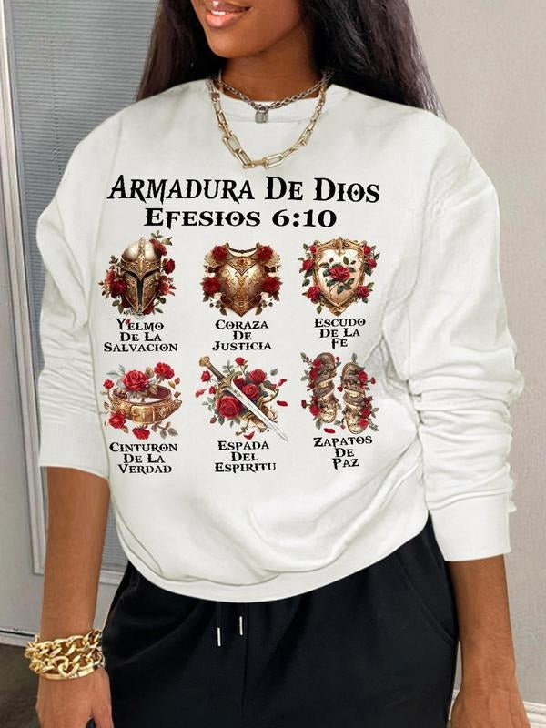 Women'WB shield Graphic & Letter Print Round Neck Sweatshirt, Casual Long Sleeve Crew Neck Pullover for Daily Wear,...