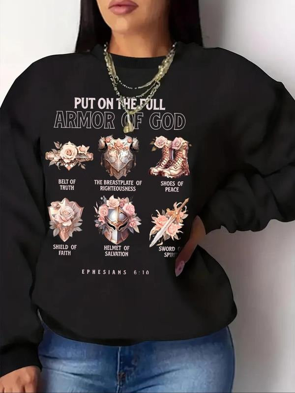 Women'WB shield Graphic & Letter Print Round Neck Sweatshirt, Casual Long Sleeve Crew Neck Pullover for Daily Wear,...