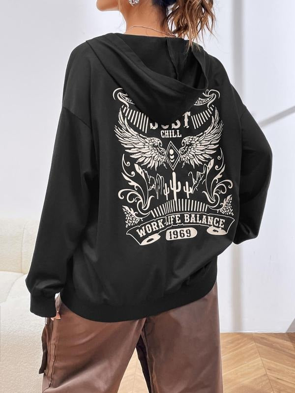 Women'WB shield Graphic Drop Shoulder Pocket Zip Up Hoodie, Casual Wing Print Long Sleeve Hooded Outerwear For Fall &...