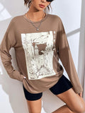 Women'WB shield Graphic Print Drop Shoulder T-shirt, Casual Long Sleeve Round Neck Tee For Spring & Fall, Women'WB shield...