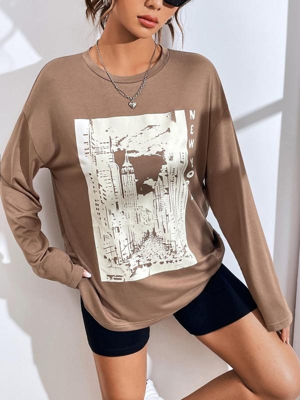 Women'WB shield Graphic Print Drop Shoulder T-shirt, Casual Long Sleeve Round Neck Tee For Spring & Fall, Women'WB shield...