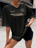 Women'WB shield Graphic Round Neck Drop Shoulder Tee, Summer TNF Women, Fashion Casual Letter & Lightsaber brand Print...