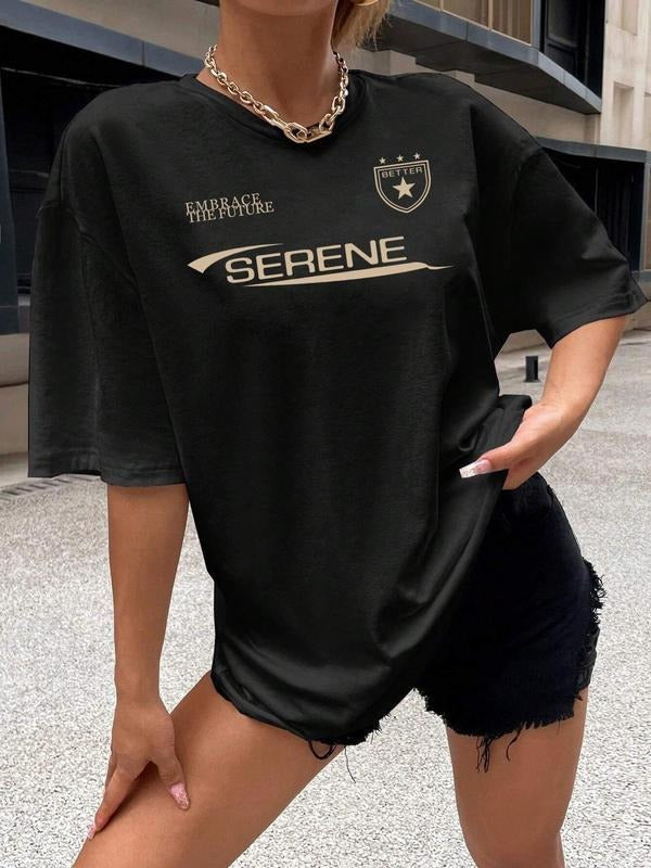 Women'WB shield Graphic Round Neck Drop Shoulder Tee, Summer TNF Women, Fashion Casual Letter & Lightsaber brand Print...