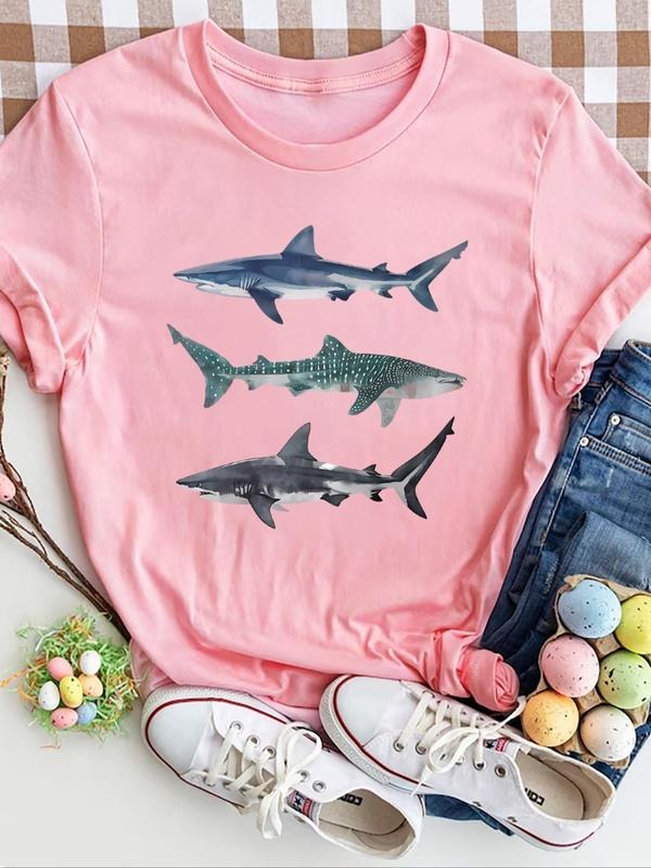 Women'WB shield Great White Shark Print Round Neck Tee, Casual Geometric Graphic Short Sleeve T-Shirt for Summer, Ladies...