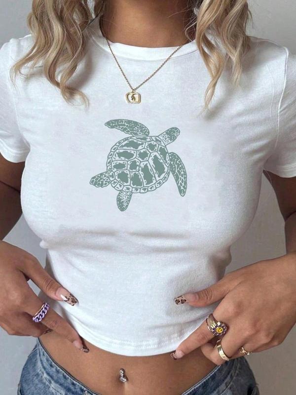 Women'WB shield Green Sea Turtle Print Round Neck Tee, Casual Slim-fitting Short Sleeve T-shirt, Ladies Summer TNF for...