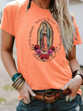 Women'WB shield Guadalupe & Rose Print Round Neck Tee, Vintage Trendy Casual Short Sleeve T-shirt for Daily Wear, Ladies...