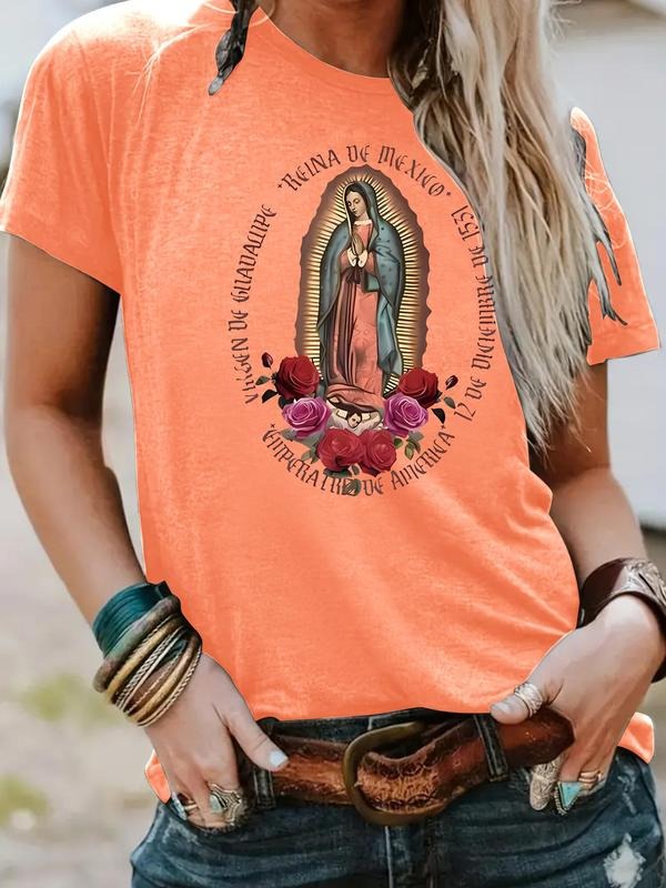 Women'WB shield Guadalupe & Rose Print Round Neck Tee, Vintage Trendy Casual Short Sleeve T-shirt for Daily Wear, Ladies...