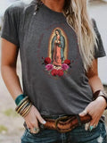 Women'WB shield Guadalupe & Rose Print Round Neck Tee, Vintage Trendy Casual Short Sleeve T-shirt for Daily Wear, Ladies...