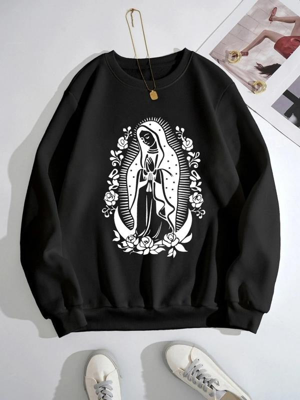 Women'WB shield Guadalupe Virgin Mary Graphic Print Round Neck Sweatshirt, Casual Long Sleeve Pullover, Women'WB shield...