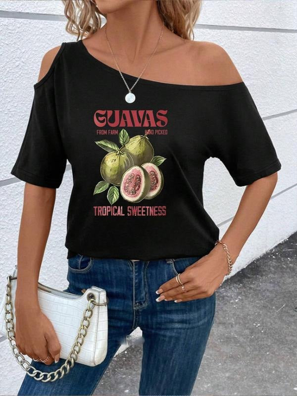 Women'WB shield Guava & Letter Print Asymmetrical Neck Tee, Casual Fruit Print Short Sleeve T-Shirt for Summer, Ladies...