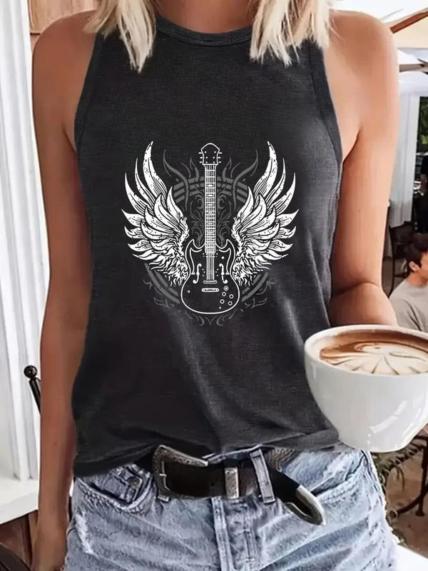 Women'WB shield Guitar & Angel Wings Print Round Neck Tank Top, Casual Sleeveless Top for Summer, Ladies TNF for Daily...