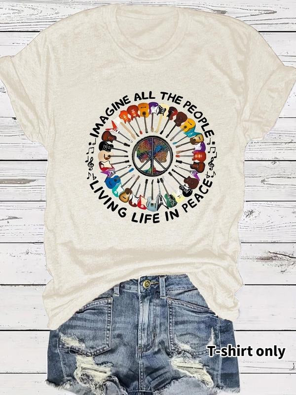 Women'WB shield Guitar & Letter Print Round Neck Graphic Tee, Vintage Trendy Casual Short Sleeve T-shirt for Daily Wear,...