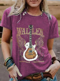 Women'WB shield Guitar & Letter Print Round Neck Tee, Casual Short Sleeve Crew Neck T-Shirt for Summer, Fashion Women'WB...