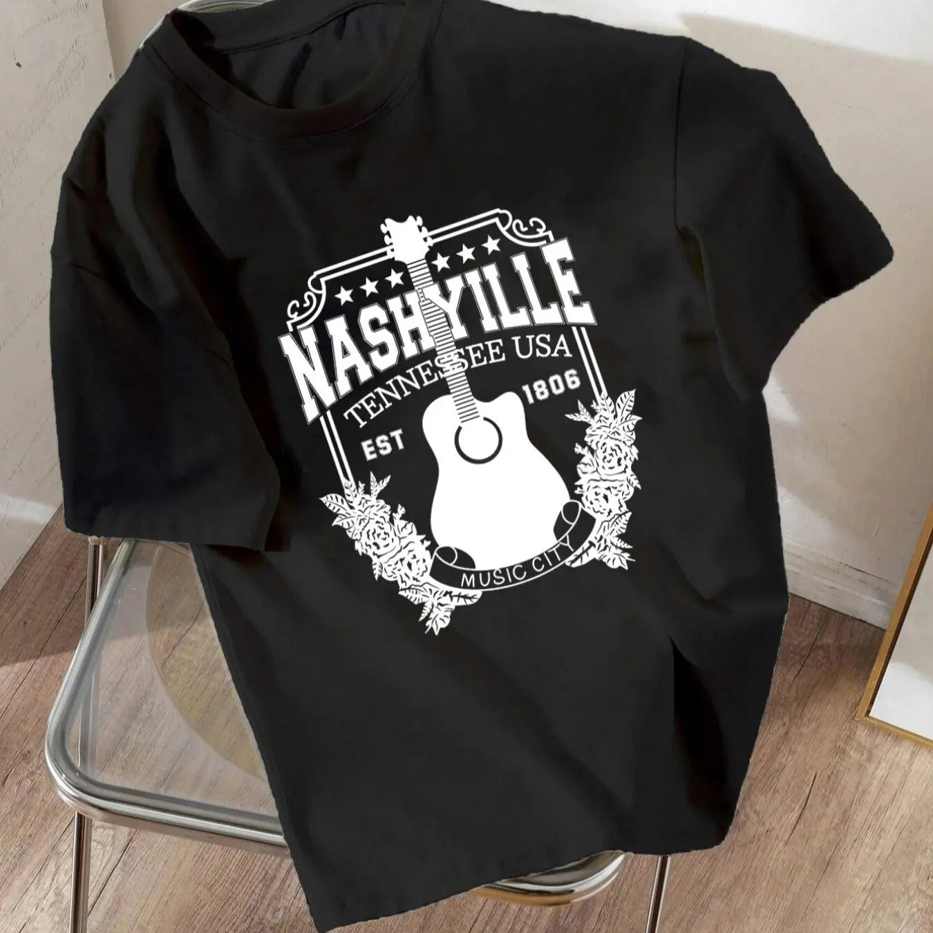 Women'WB shield Guitar & Letter Print Round Neck Tee, Casual Short Sleeve Crew Neck T-shirt for Daily Wear, Women'WB...
