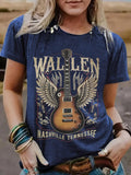 Women'WB shield Guitar & Letter Print Round Neck Tee, Casual Short Sleeve Crew Neck T-shirt for Summer, Fashion Women'WB...
