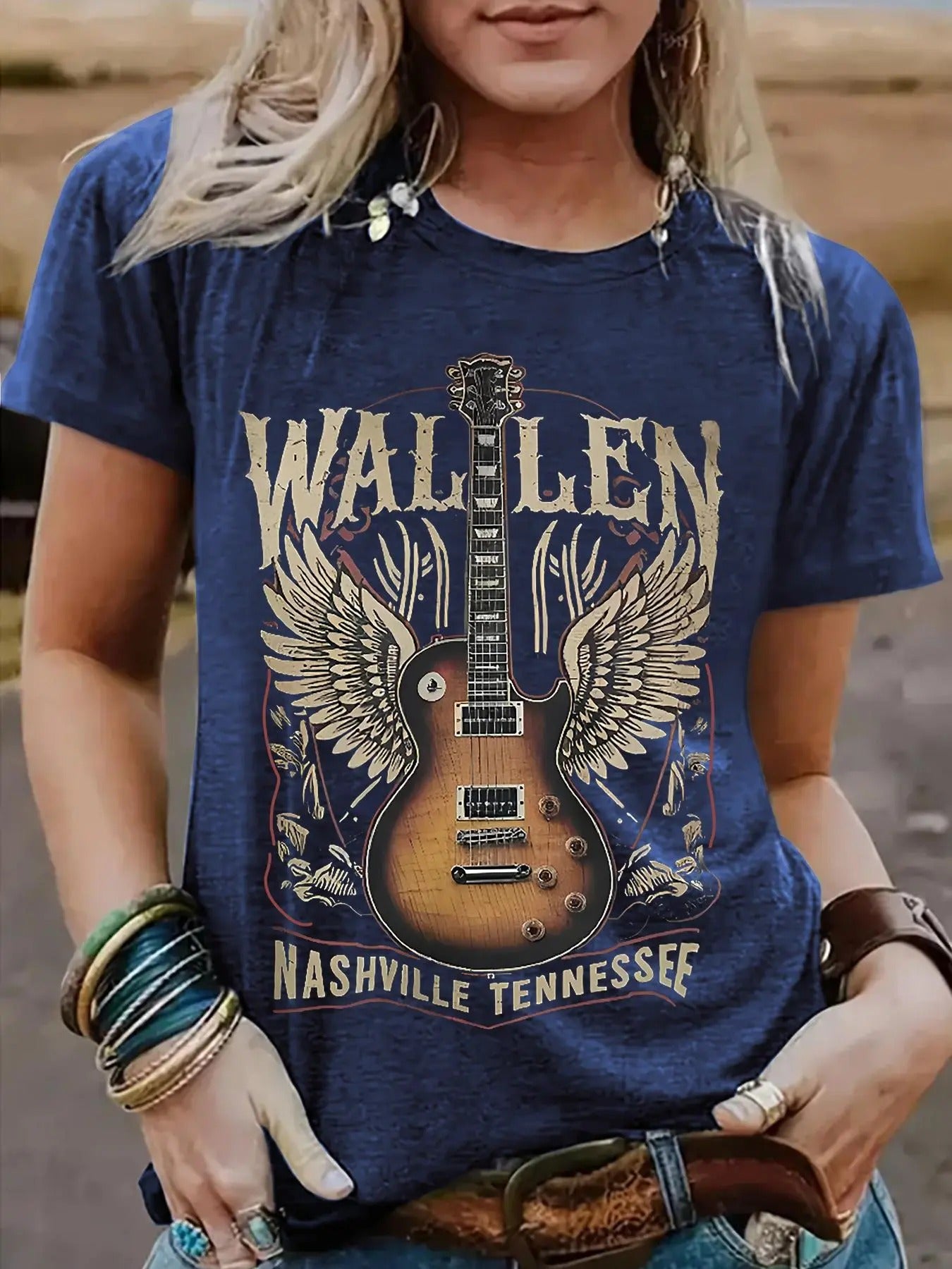 Women'WB shield Guitar & Letter Print Round Neck Tee, Casual Short Sleeve Crew Neck T-shirt for Summer, Fashion Women'WB...