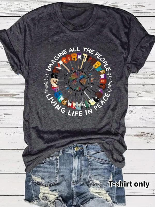 Women'WB shield Guitar & Letter Print Round Neck Tee, Fashion Casual Crew Neck T-Shirt for Daily Holiday Vacation Outdoor...