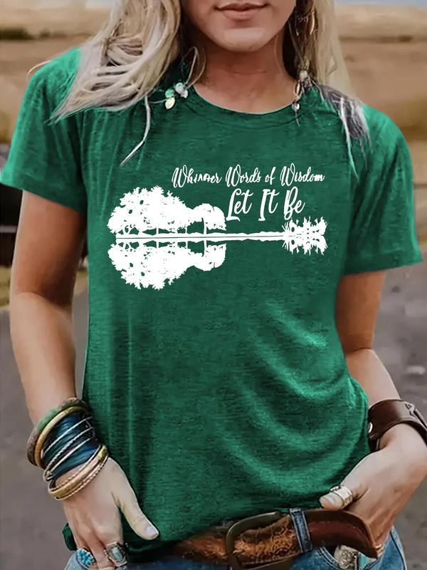 Women'WB shield Guitar & Letter Print Round Neck Tee, Vintage Trendy Casual Crew Neck T-shirt for Daily Wear, Ladies...