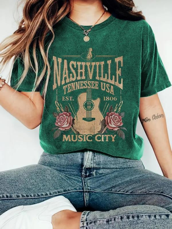 Women'WB shield Guitar & Letter Print Round Neck Tee, Vintage Trendy Casual Short Sleeve T-shirt for Daily Wear, Ladies...