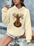 Women'WB shield Guitar & Tree Print Drop Shoulder Hoodie, Casual Long Sleeve Hooded Sweatshirt, Ladies Fall & Winter TNF...