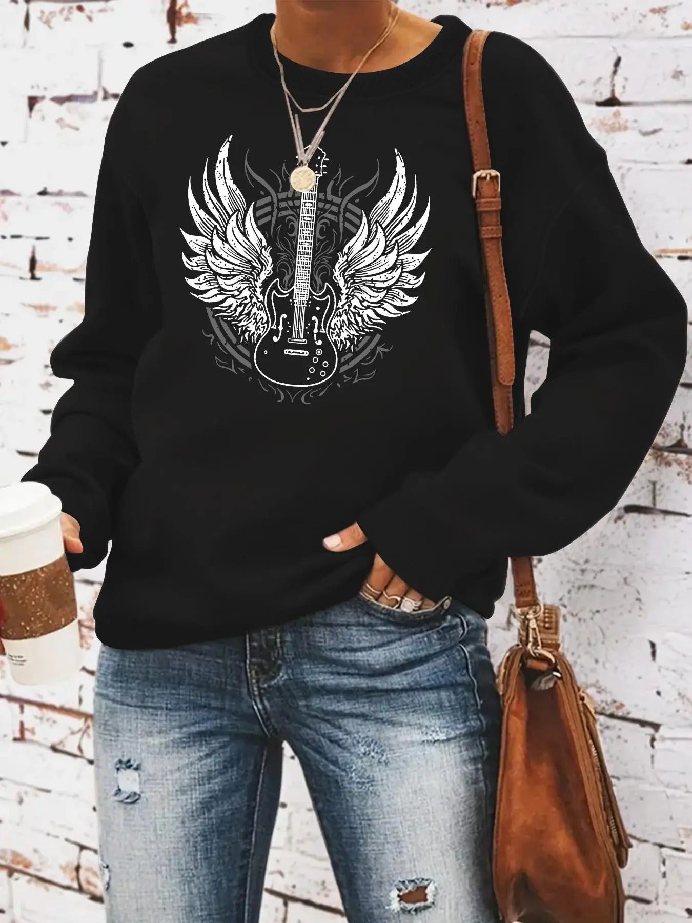 Women'WB shield Guitar Print Round Neck Sweatshirt, Fashion Casual Crew Neck Sweatshirt for Daily Holiday Outdoor Wear,...
