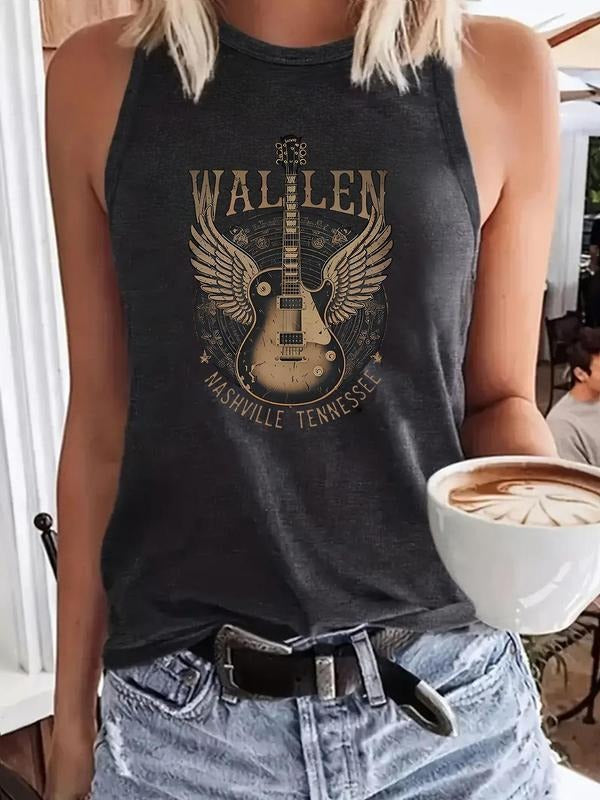 Women'WB shield Guitar Print Round Neck Tank Top, Casual Sleeveless Top for Summer, Ladies TNF for Daily Wear T-Shirts,...