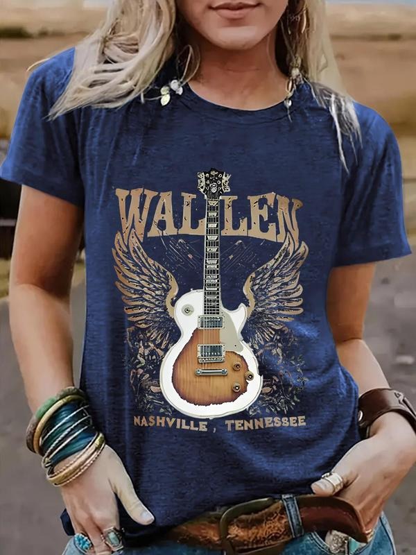 Women'WB shield Guitar Print Round Neck Tee, Casual Short Sleeve Crew Neck T-Shirt for Spring, Fashion Women'WB shield...