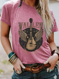 Women'WB shield Guitar Print Round Neck Tee, Fashion Casual Letter Graphic Crew Neck T-Shirt for Daily Holiday Vacation...