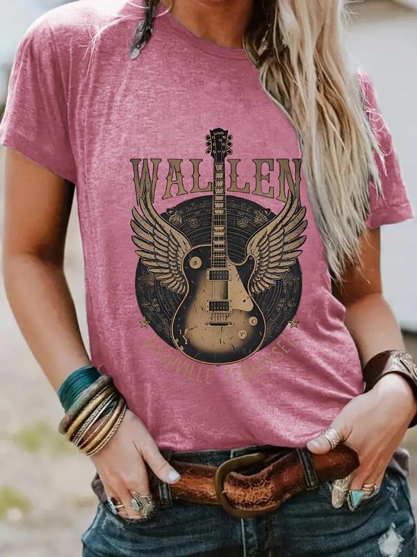 Women'WB shield Guitar Print Round Neck Tee, Fashion Casual Letter Graphic Crew Neck T-Shirt for Daily Holiday Vacation...