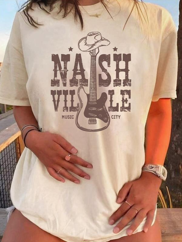 Women'WB shield Guitar Print Round Neck Tee, Vintage Trendy Casual Short Sleeve T-shirt for Daily Wear, Ladies Summer...