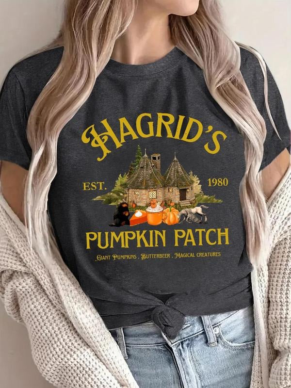 Women'WB shield Hagrid'WB shield House & Pumpkin Patch Print Round Neck Tee, Casual Short Sleeve Crew Neck T-shirt for...
