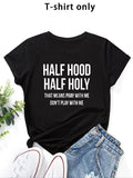 Women'WB shield Half Hood Half Holy Letter Print Round Neck Tee, Fashion Casual Crew Neck T-Shirt for Daily Holiday...