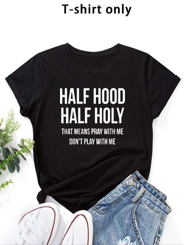Women'WB shield Half Hood Half Holy Letter Print Round Neck Tee, Fashion Casual Crew Neck T-Shirt for Daily Holiday...