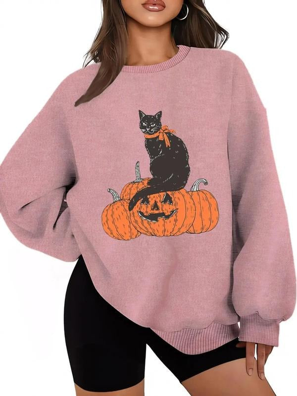 Women'WB shield Halloween & Cat Print Drop Shoulder Sweatshirt, Casual Long Sleeve Round Neck Pullover for Daily Wear,...