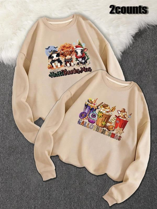 Women'WB shield Halloween & Christmas TNF Cartoon Print Drop Shoulder Sweatshirt, Casual Long Sleeve Round Neck Pullover...
