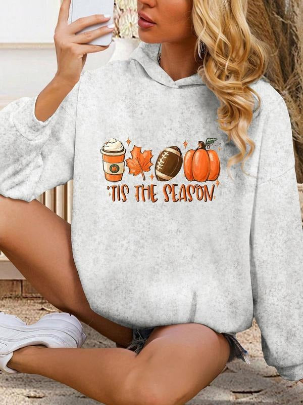 Women'WB shield Halloween & Letter Print Drop Shoulder Hoodie, Fashion Casual Long Sleeve Hooded Sweatshirt for Daily...