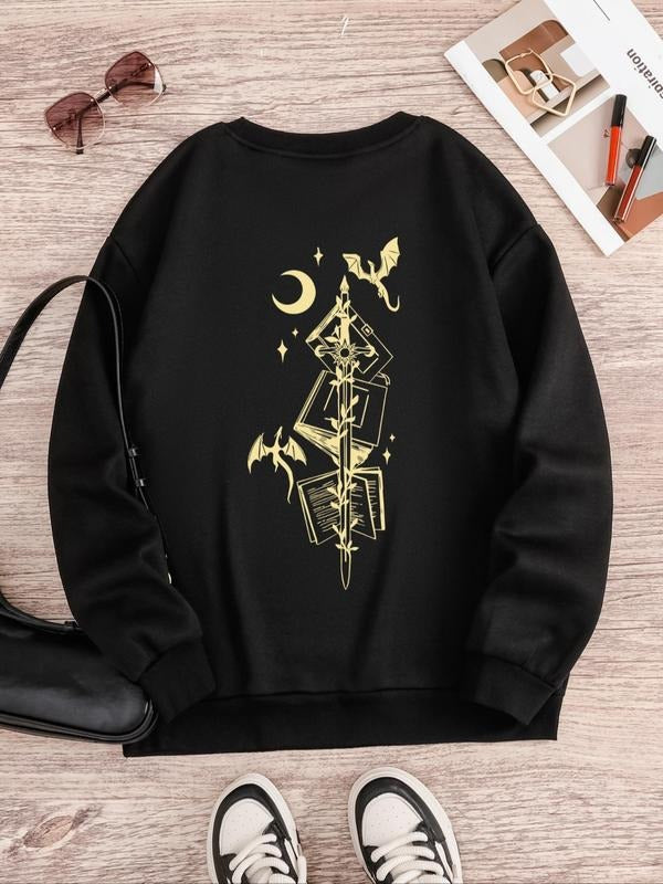 Women'WB shield Halloween Book Print Drop Shoulder Sweatshirt, Casual Long Sleeve Round Neck Pullover for Spring & Fall,...