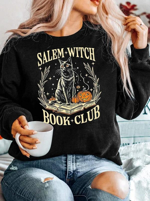 Women'WB shield Halloween Cartoon Cat & Letter Print Drop Shoulder Sweatshirt, Casual Long Sleeve Round Neck Pullover for...