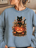 Women'WB shield Halloween Cartoon Cat & Pumpkin Print Drop Shoulder Sweatshirt, Casual Long Sleeve Round Neck Pullover...