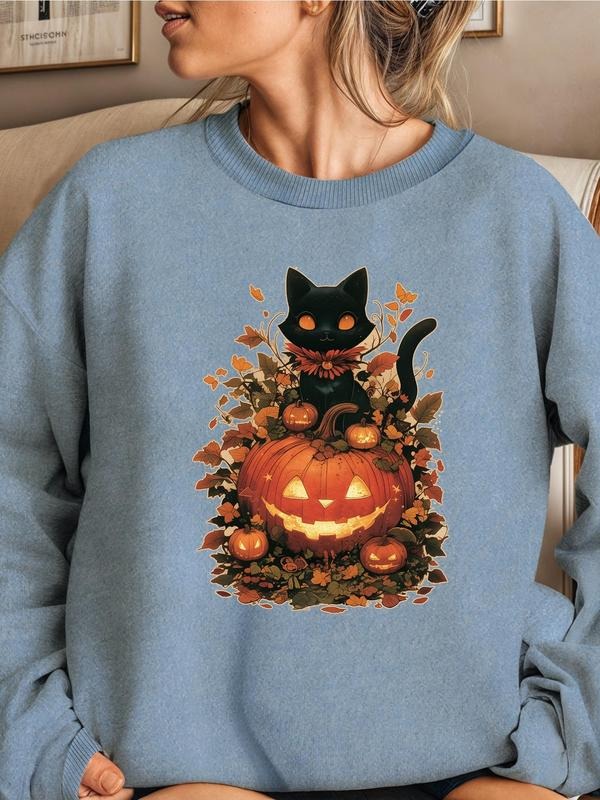 Women'WB shield Halloween Cartoon Cat & Pumpkin Print Drop Shoulder Sweatshirt, Casual Long Sleeve Round Neck Pullover...