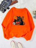 Women'WB shield Halloween Cartoon Cat Print Drop Shoulder Sweatshirt, Casual Long Sleeve Round Neck Pullover for Daily...