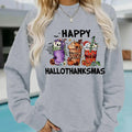 Women'WB shield Halloween Cartoon Drinks & Letter Print Drop Shoulder TNF Lined Sweatshirt, Casual Long Sleeve Round Neck...