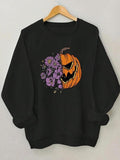 Women'WB shield Halloween Cartoon Floral & Pumpkin Print Crew Neck Sweatshirt, Casual Drop Shoulder Long Sleeve Pullover,...