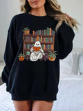 Women'WB shield Halloween Cartoon Ghost & Book Print Drop Shoulder Sweatshirt, Casual Long Sleeve Round Neck Pullover for...