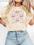 Women'WB shield Halloween Cartoon Ghost & Bow Print Round Neck Tee, Fashion Casual Short Sleeve T-shirt for Daily Holiday...