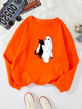 Women'WB shield Halloween Cartoon Ghost & Cat Print Drop Shoulder Sweatshirt, Casual Long Sleeve Round Neck Pullover for...