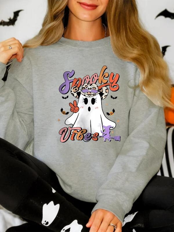 Women'WB shield Halloween Cartoon Ghost & Letter Print Drop Shoulder Sweatshirt, Casual Long Sleeve Round Neck Pullover...