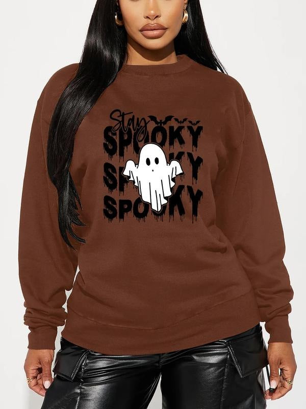 Women'WB shield Halloween Cartoon Ghost & Letter Print Drop Shoulder Sweatshirt, Casual Long Sleeve Round Neck Pullover...