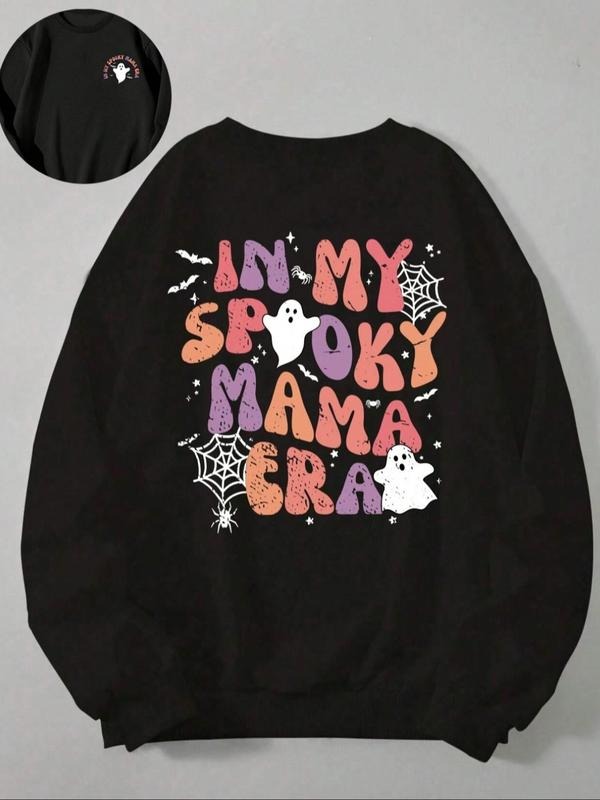 Women'WB shield Halloween Cartoon Ghost & Letter Print Drop Shoulder Sweatshirt, Casual Long Sleeve Round Neck Pullover...